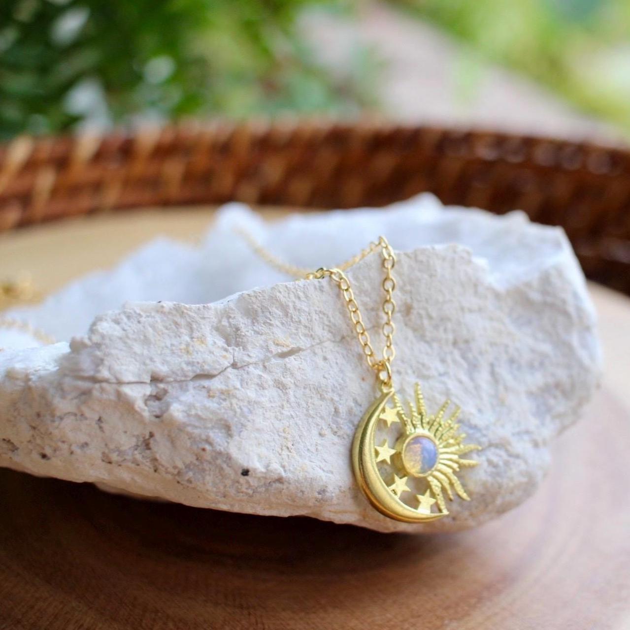 Opalite Celestial Sun Moon Stars Necklace