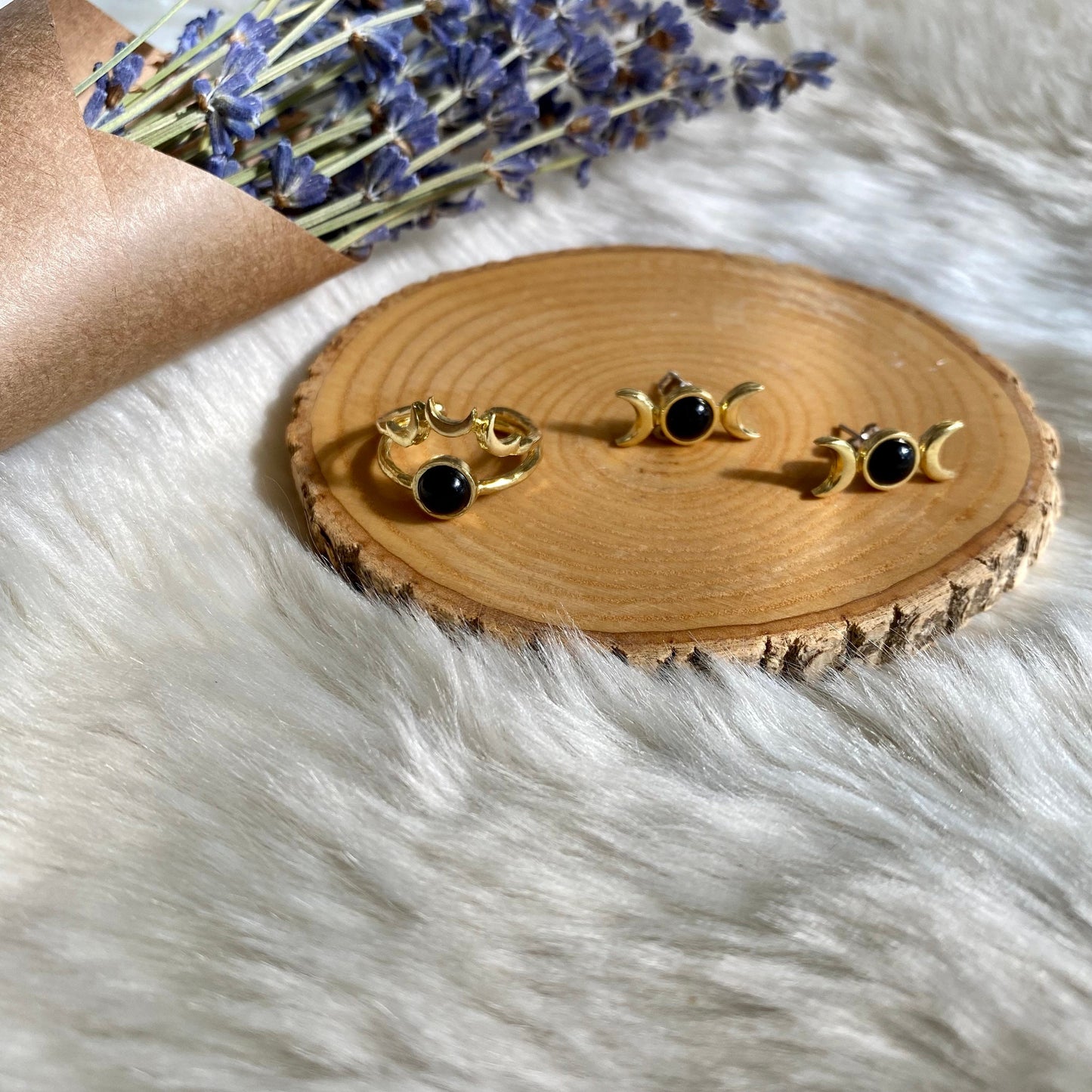 Black Onyx Triple Moon Stud Earrings