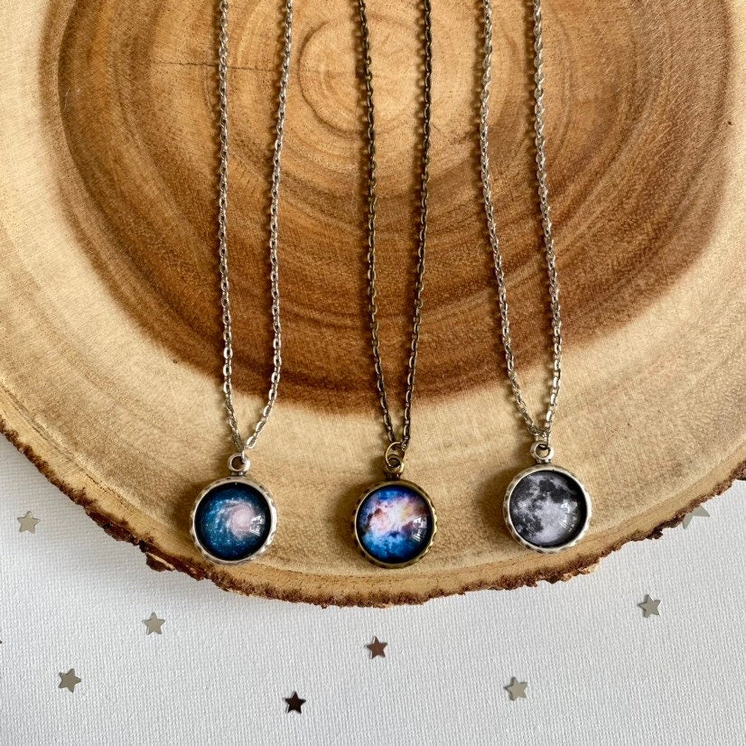 Blue Spiral Galaxy Pendant Necklace