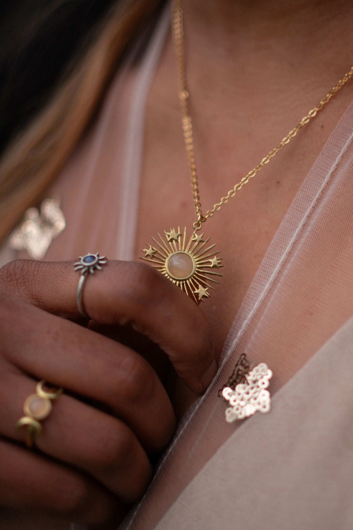 Rose Quartz Sun and Stars Celestial Necklace