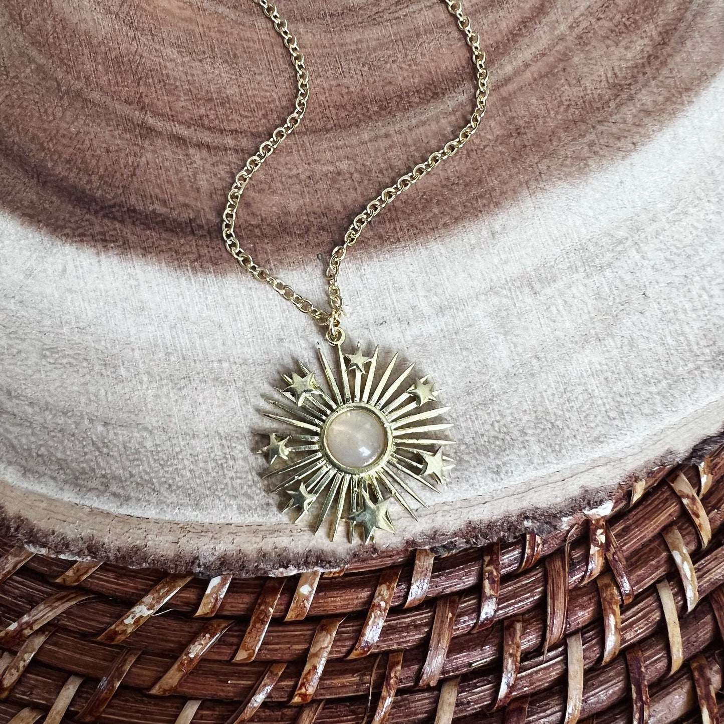 Rose Quartz Sun and Stars Celestial Necklace