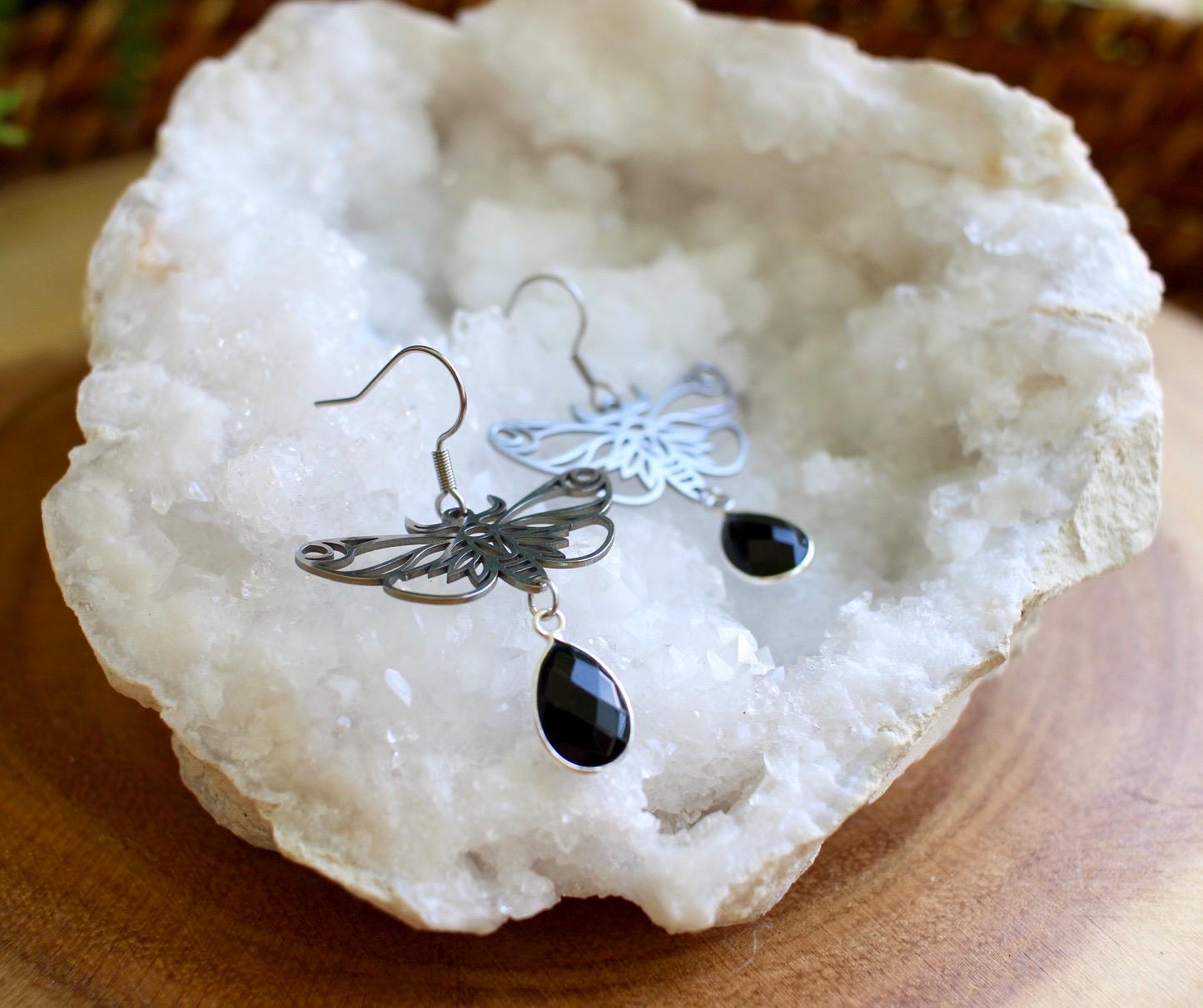 Black Onyx Moth Earrings