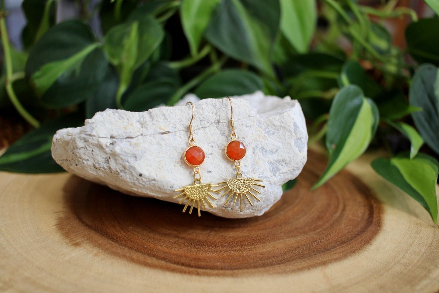 Carnelian Gold Sun Dangle Earrings