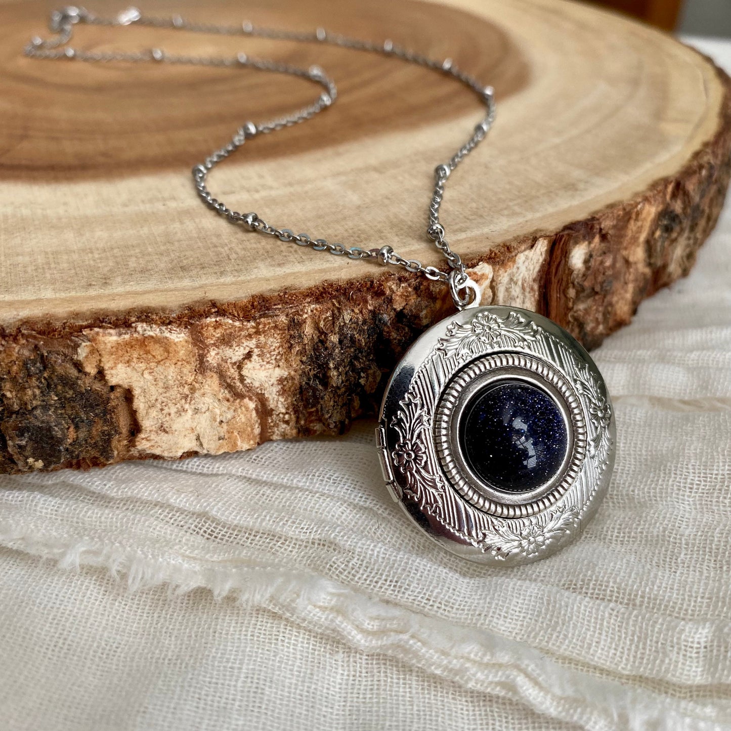 Blue Goldstone Gemstone Locket Necklace