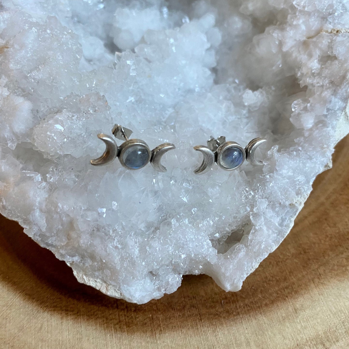 Moonstone Triple Moon Stud Earrings
