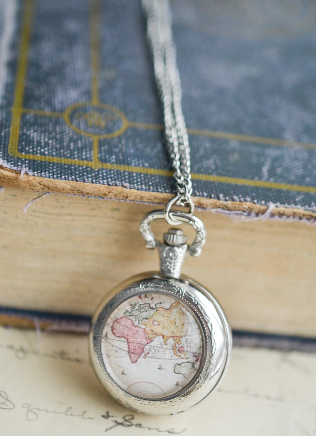 World Map Pocket Watch Necklace