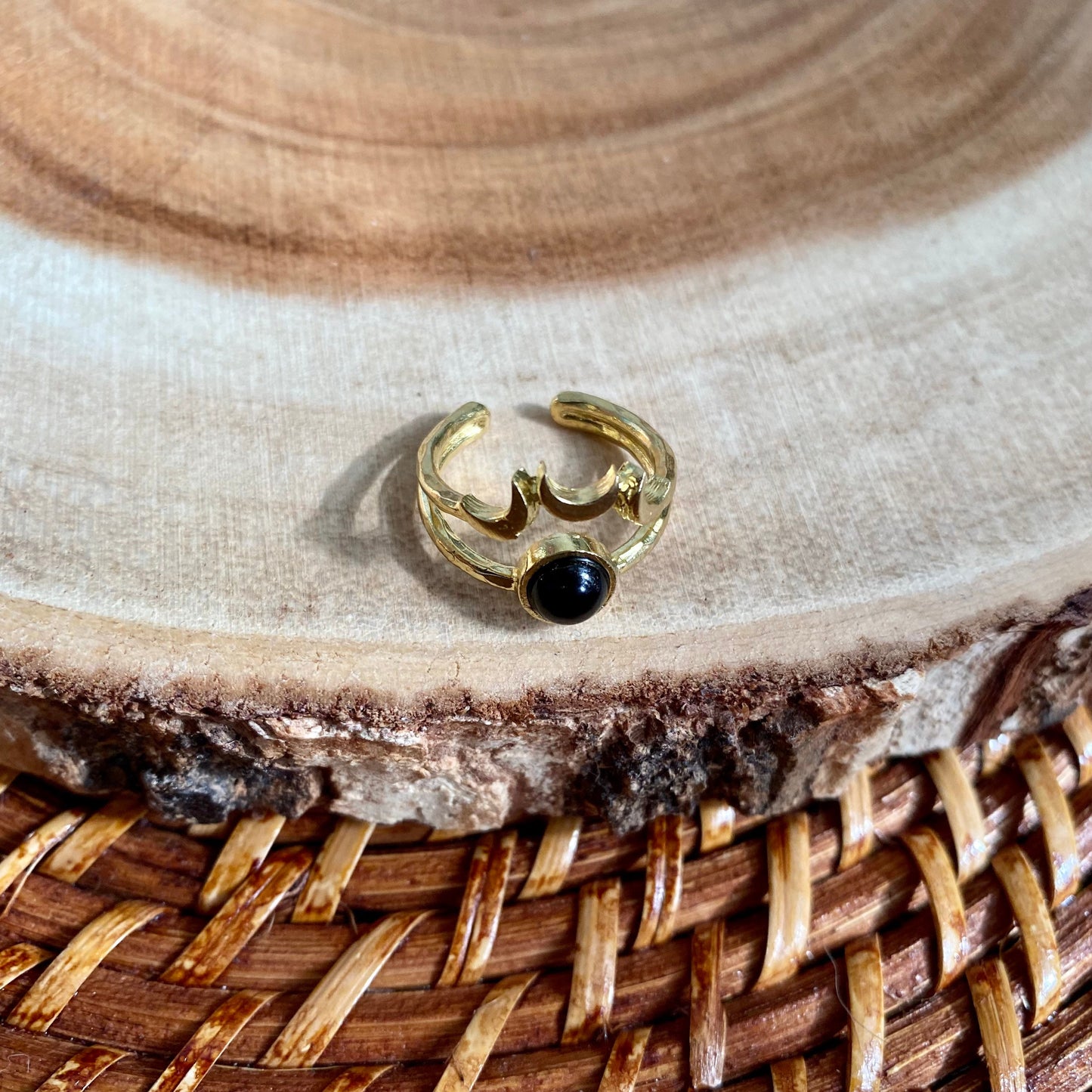 Black Onyx Brass Moon Ring