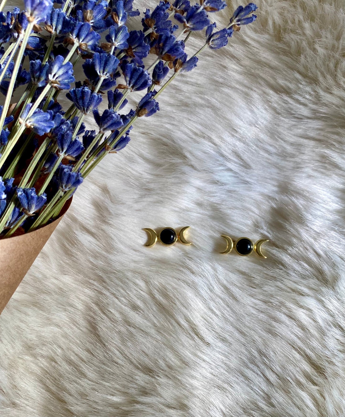 Black Onyx Triple Moon Stud Earrings