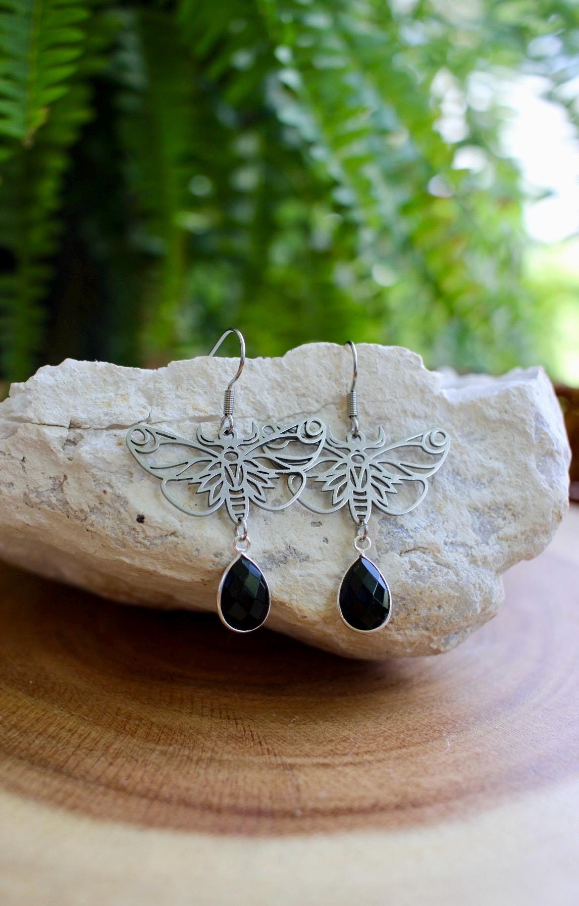 Black Onyx Moth Earrings