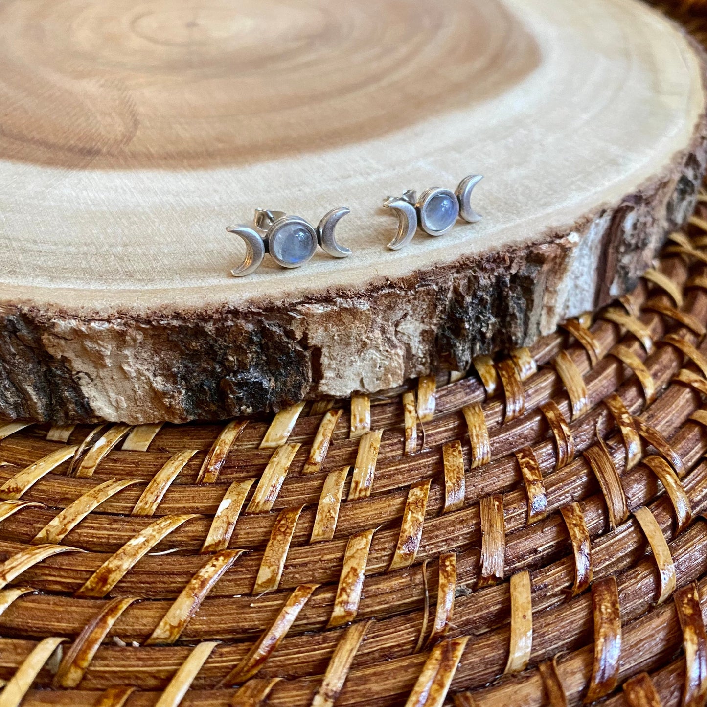 Moonstone Triple Moon Stud Earrings