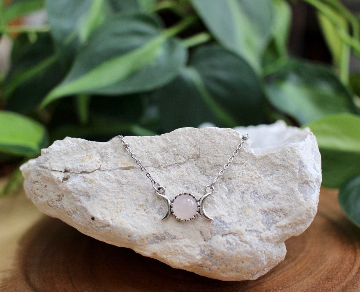Dainty Rose Quartz Triple Moon Necklace