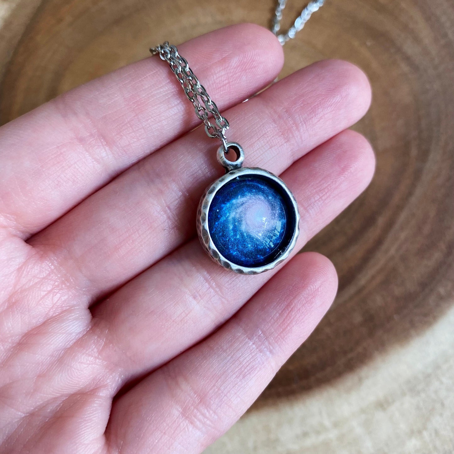 Blue Spiral Galaxy Pendant Necklace
