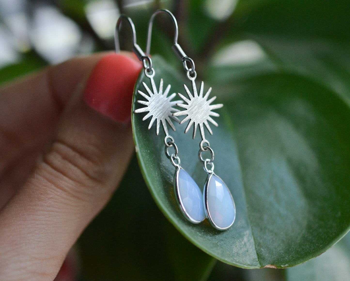 Opalite Silver Sun Dangle Earrings