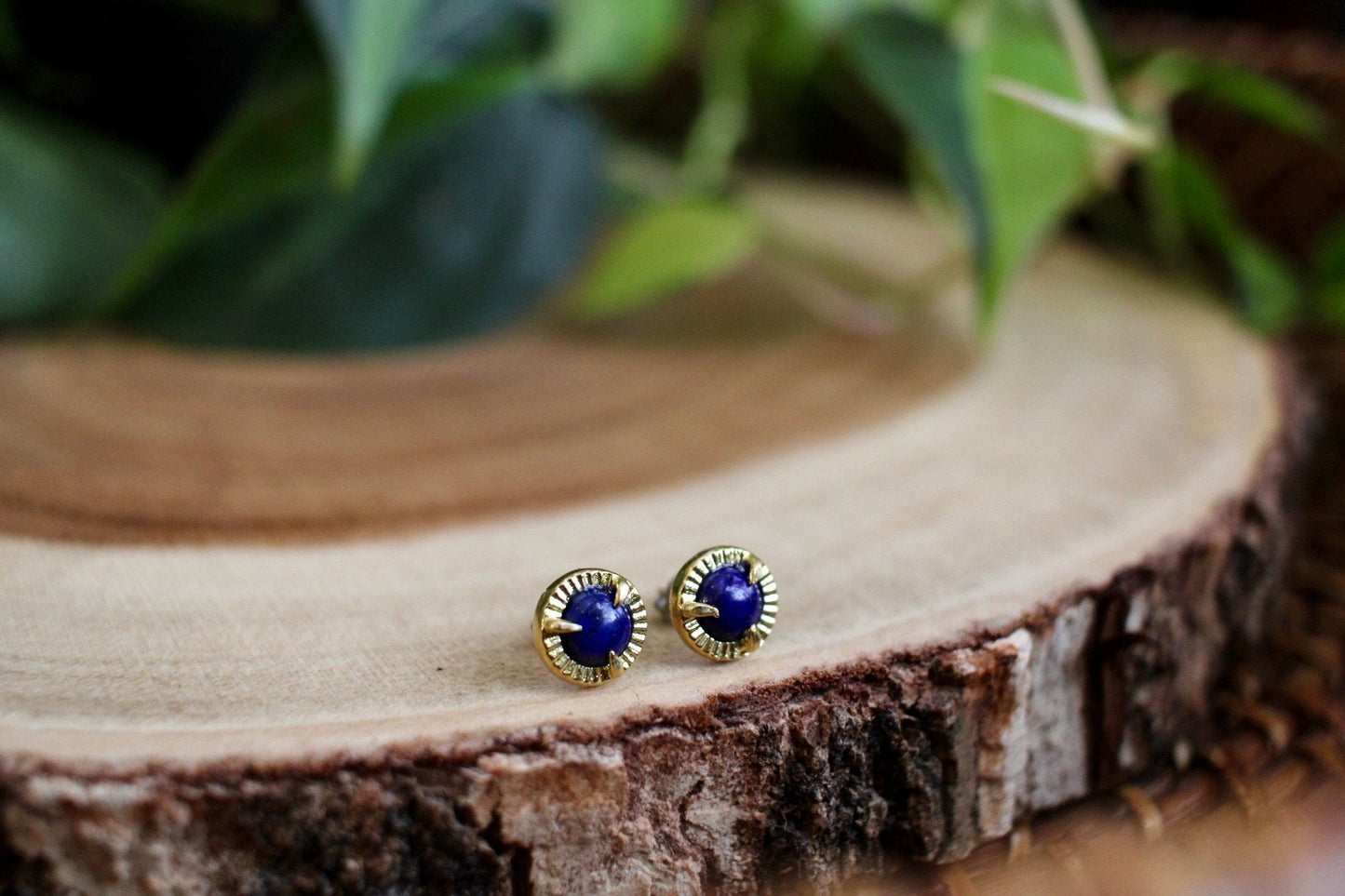 Dainty Brass Lapis Lazuli Earrings, Blue Gemstone Studs, Minimalist Jewelry