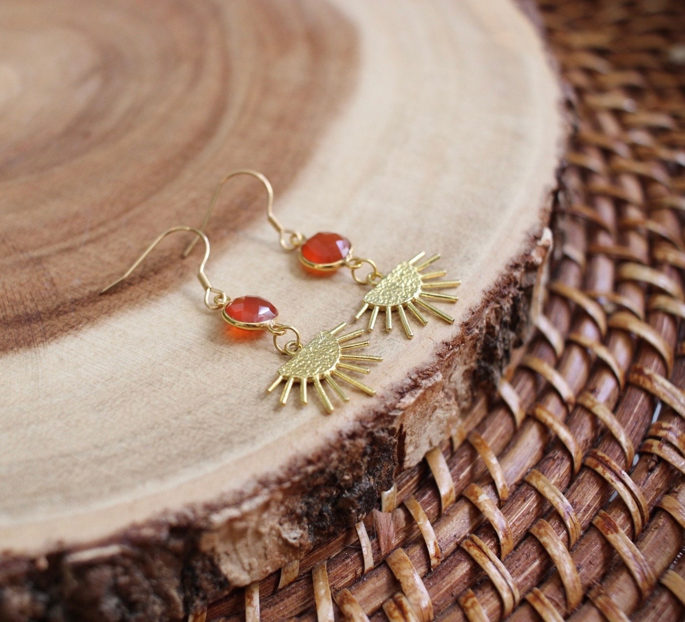 Carnelian Gold Sun Dangle Earrings