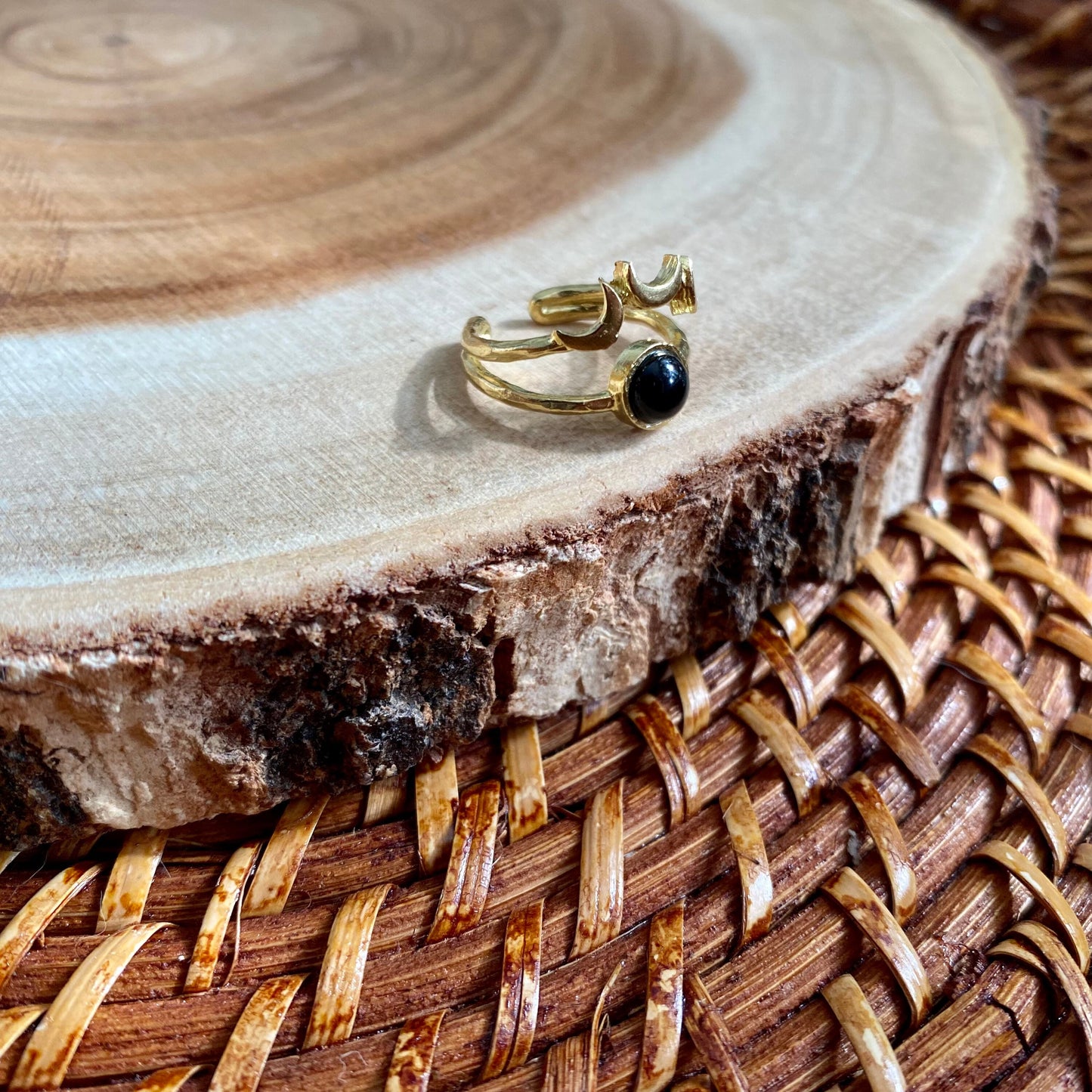 Black Onyx Brass Moon Ring