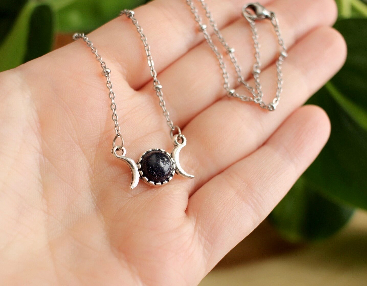 Dainty Triple Moon Blue Goldstone Necklace
