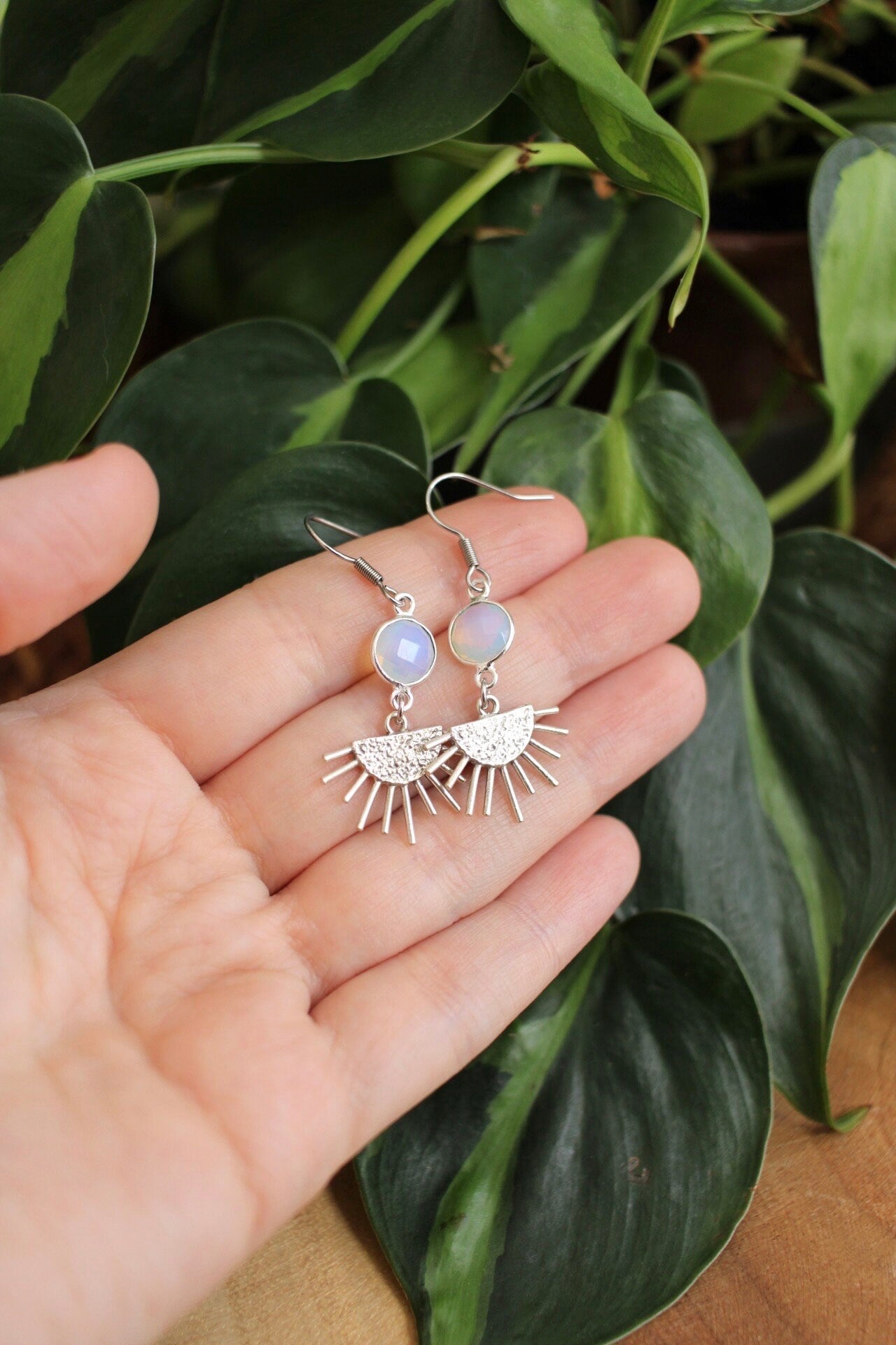 Opalite Silver Sun Dangle Earrings