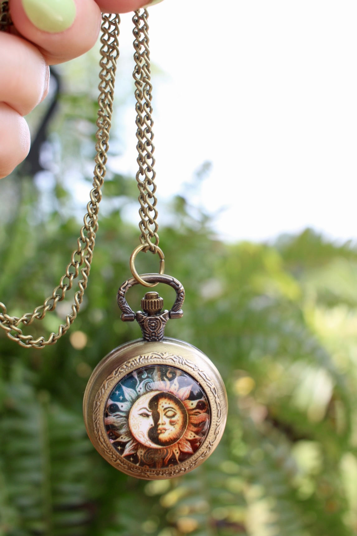 Sun and Moon Phase Pocket Watch Necklace