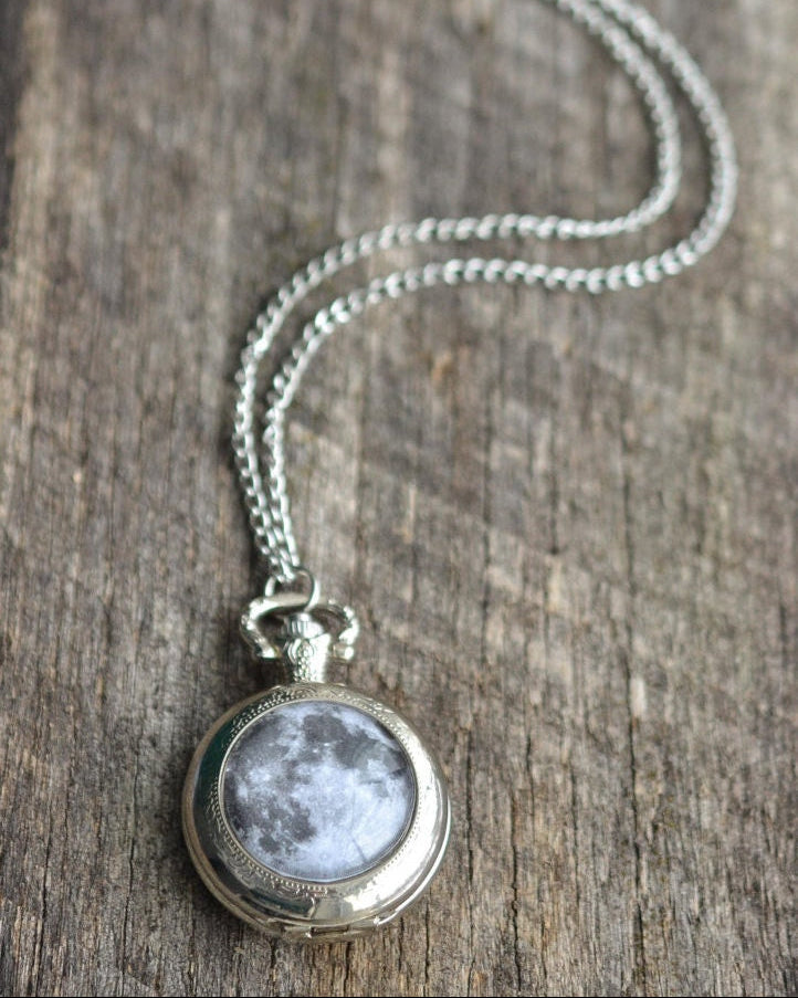 Full Moon Silver Pocket Watch Necklace