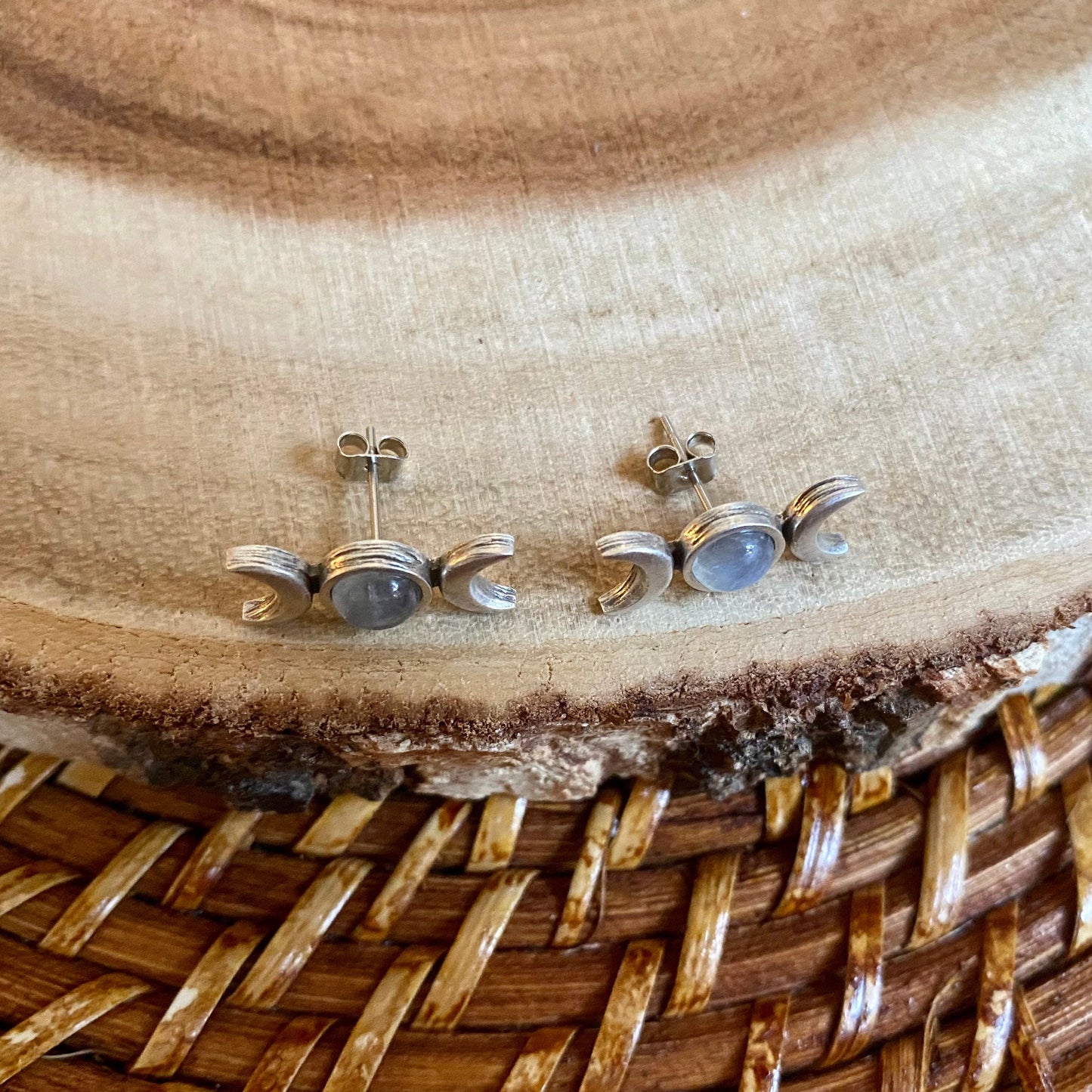 Moonstone Triple Moon Stud Earrings