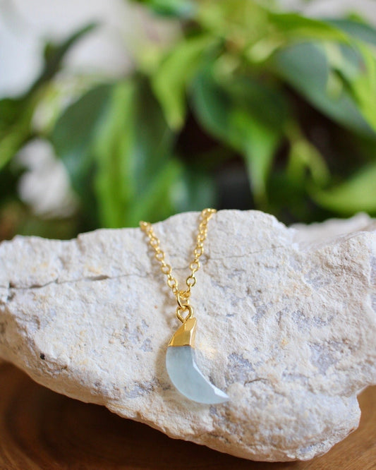 Gold necklace with a moon-shaped pendant on a rock with greenery in the background