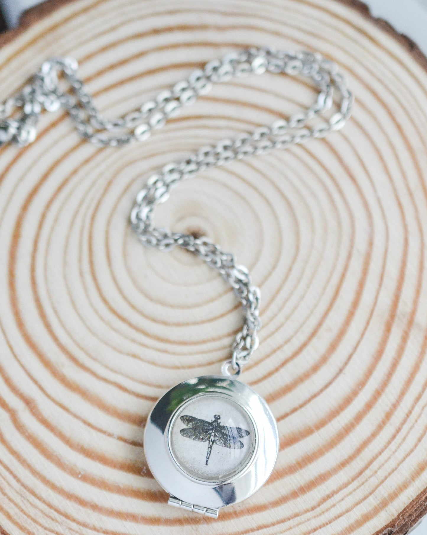 Silver necklace with a dragonfly pendant on a wooden surface