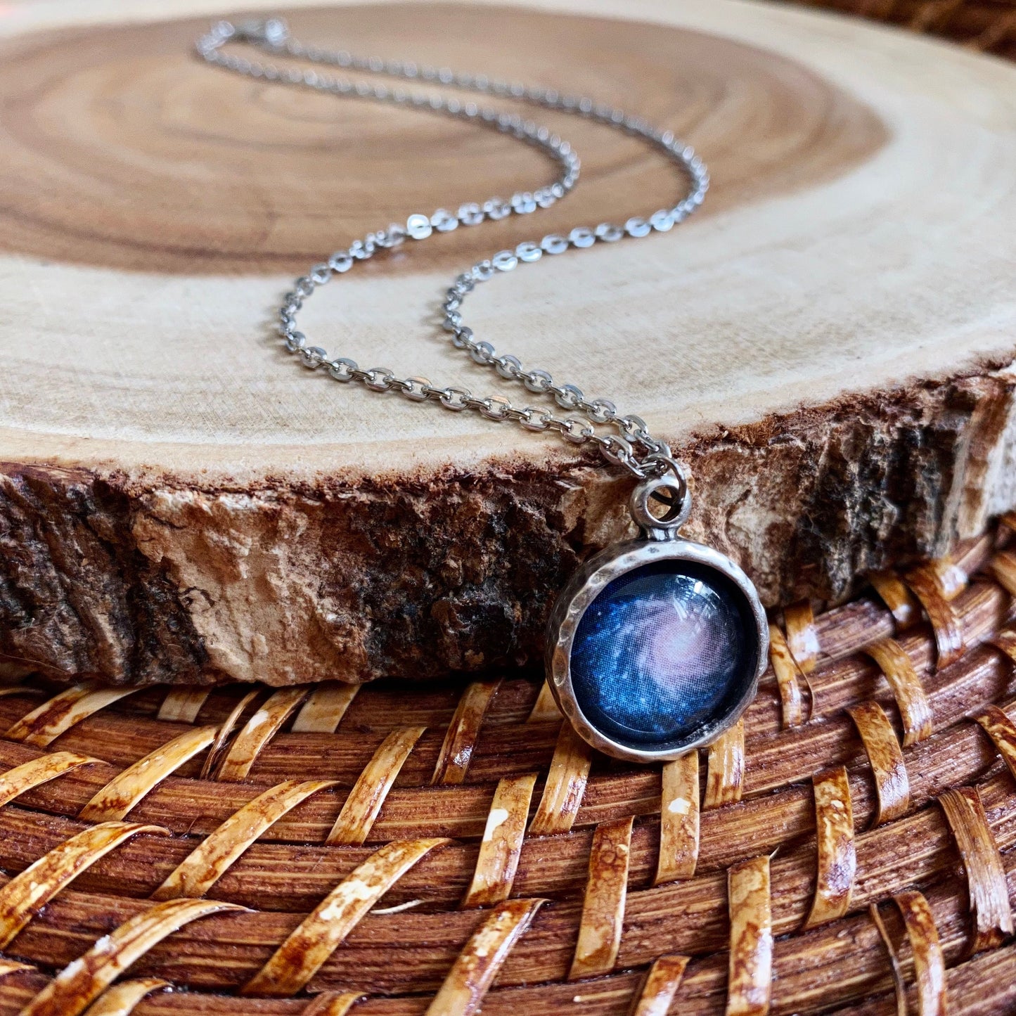 Blue Spiral Galaxy Pendant Necklace