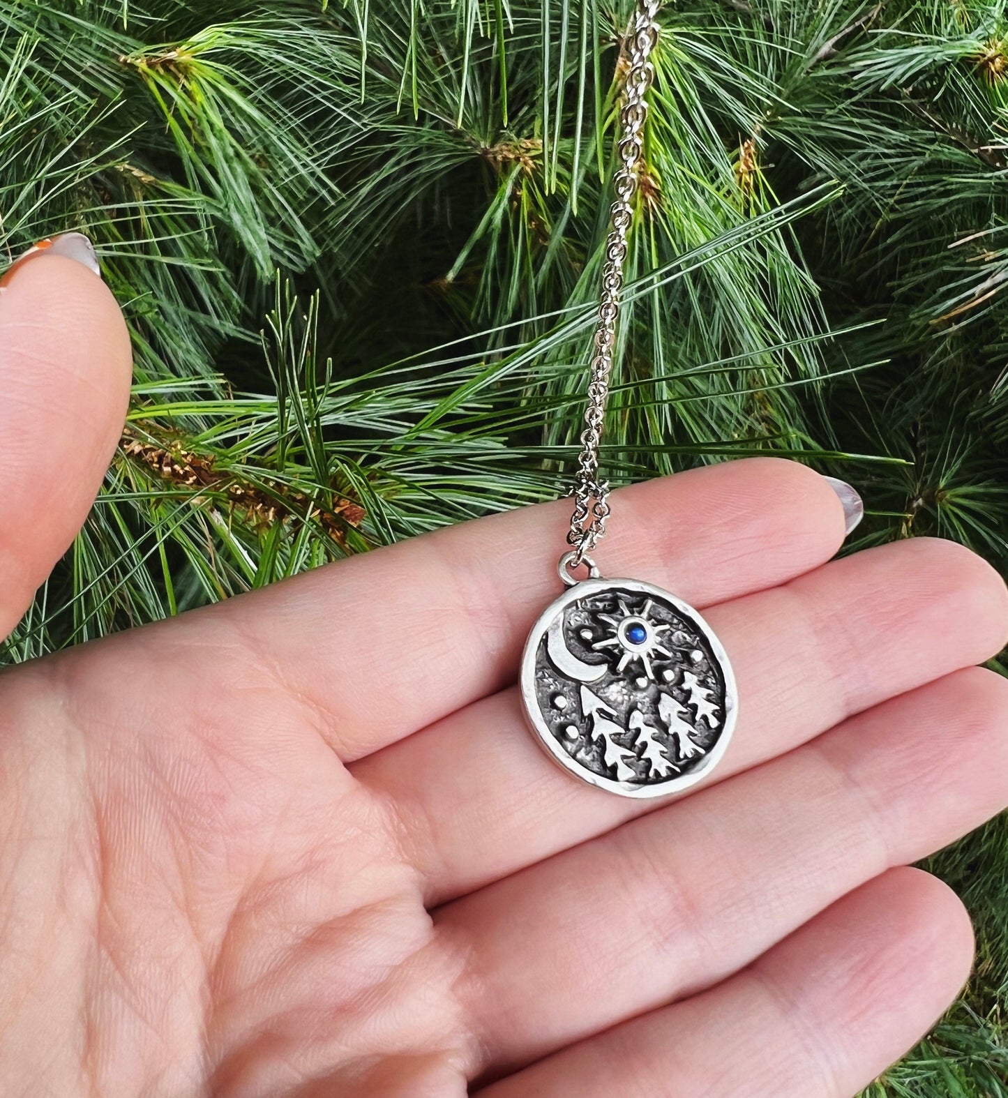 Pine Tree Sun and Moon Moonstone Necklace