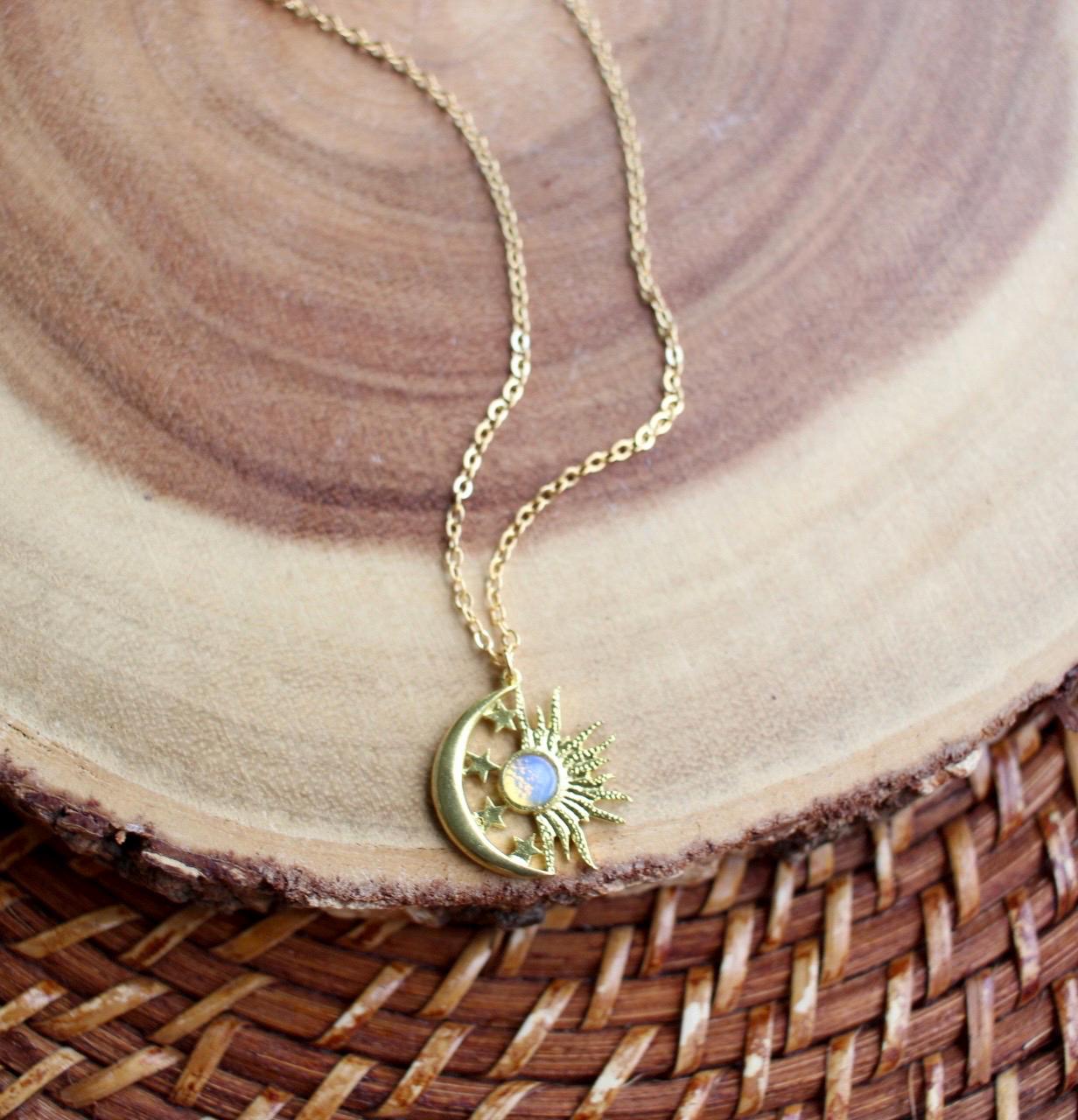Opalite Celestial Sun Moon Stars Necklace