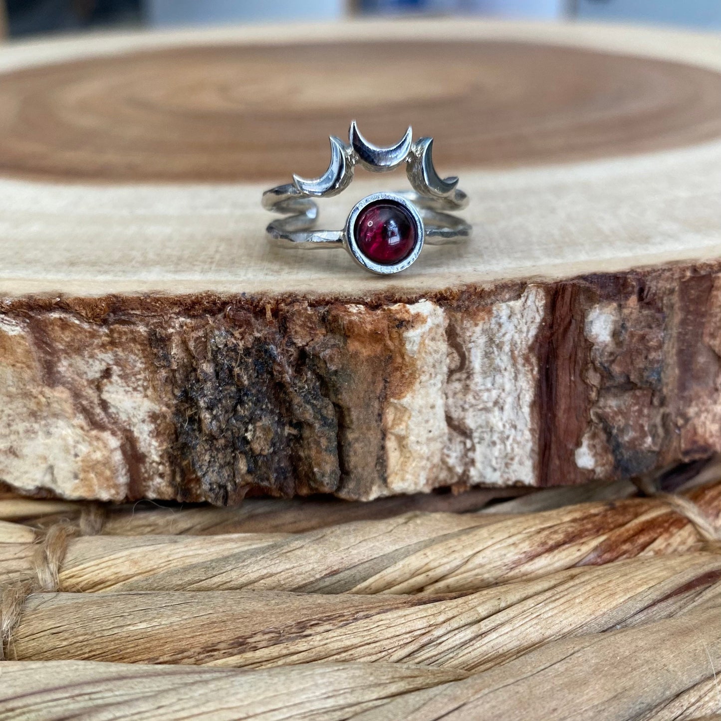Garnet Silver Moon Adjustable Ring