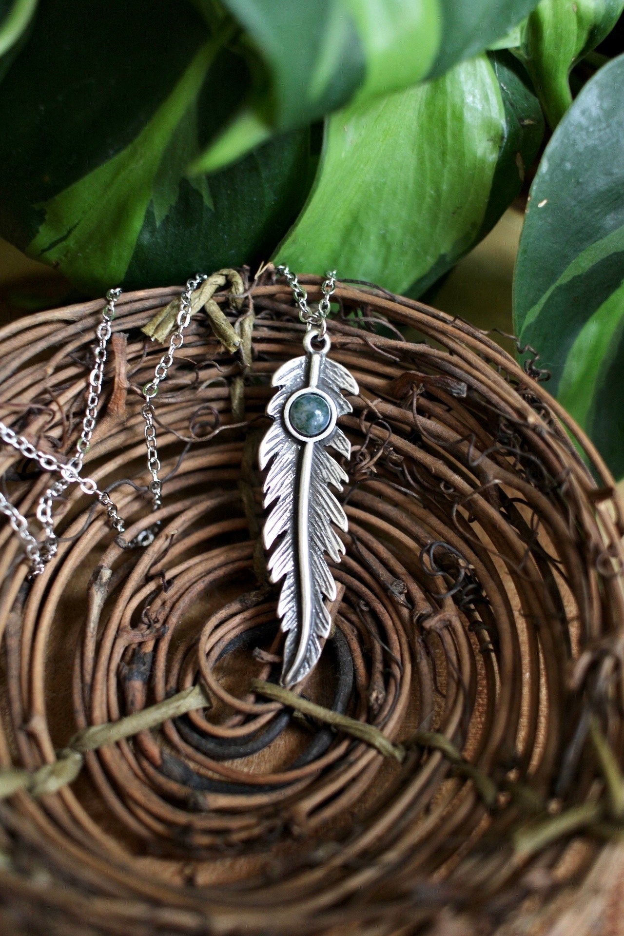 Moss Agate Feather Necklace