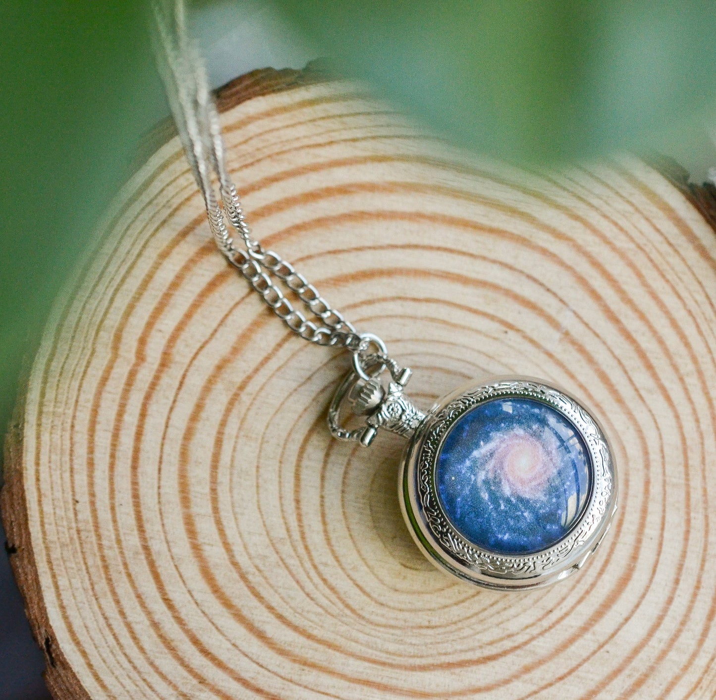 Blue Spiral Galaxy Pocket Watch Necklace