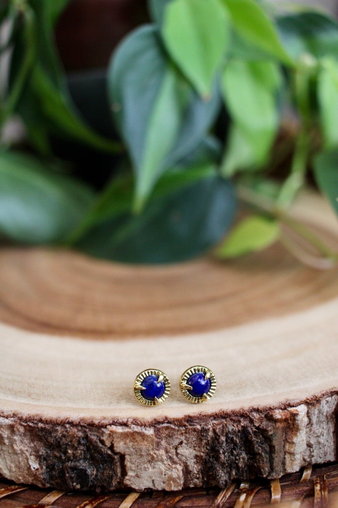 Dainty Brass Lapis Lazuli Earrings, Blue Gemstone Studs, Minimalist Jewelry
