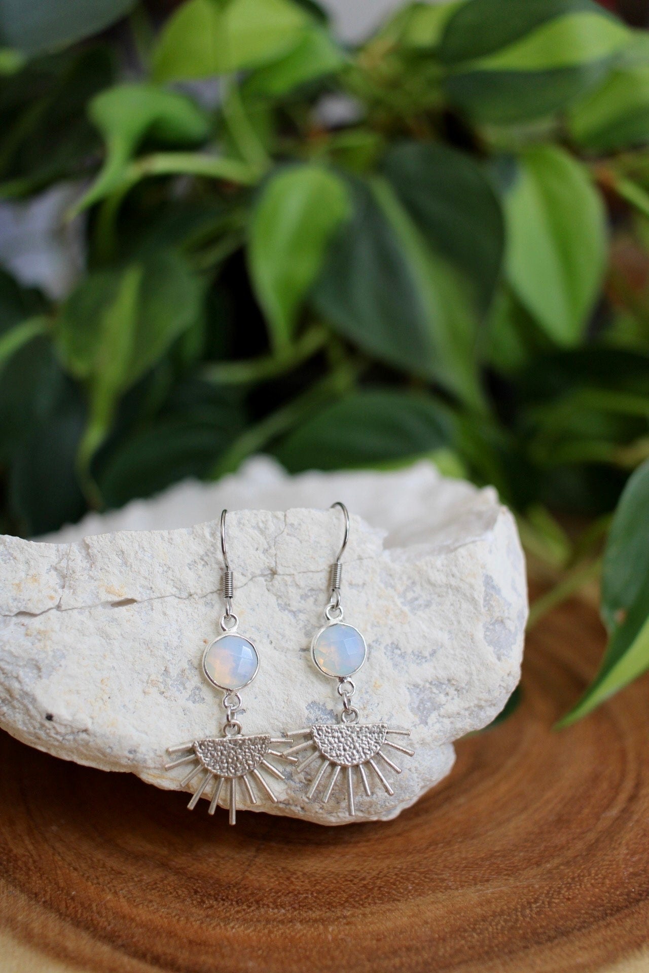 Opalite Silver Sun Dangle Earrings