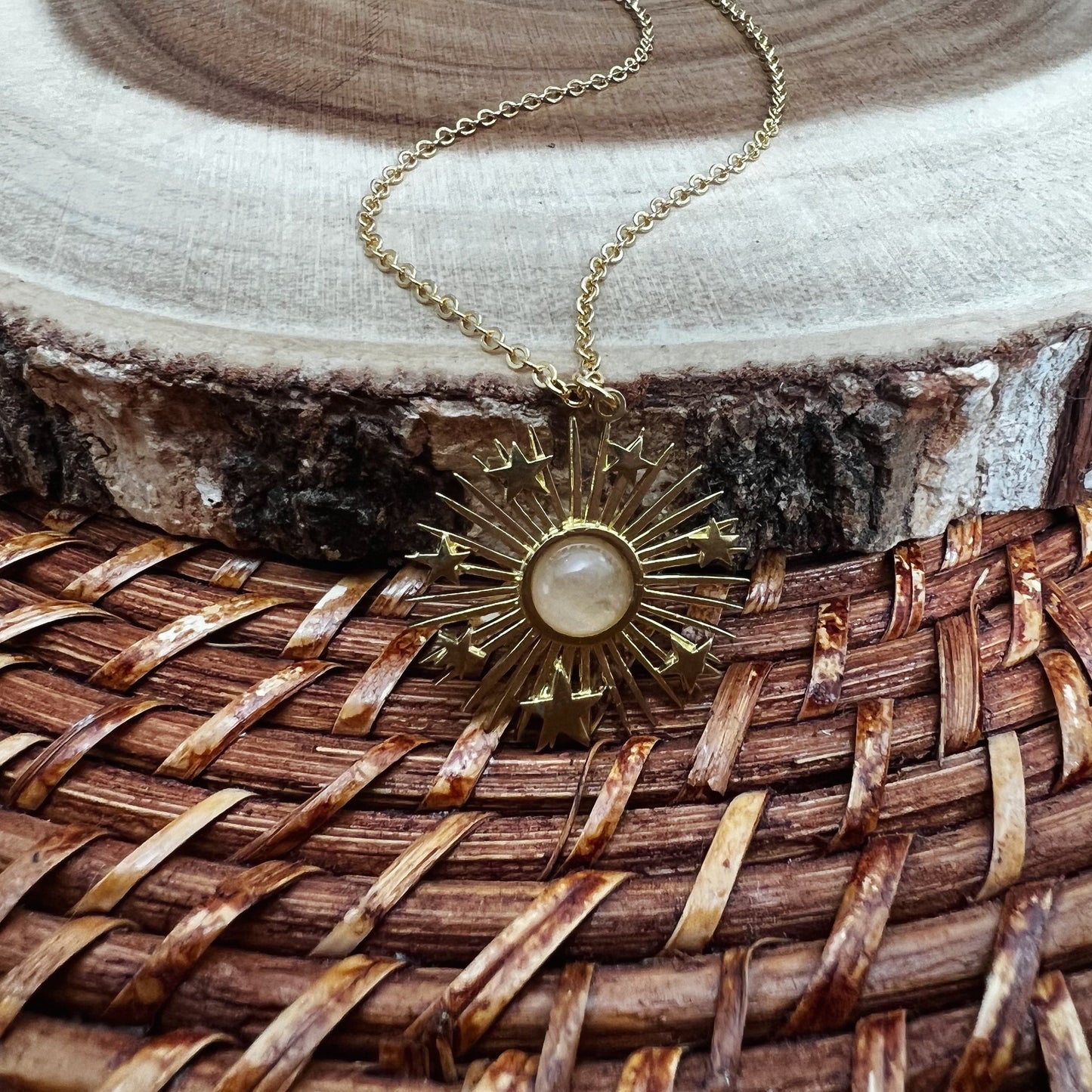 Rose Quartz Sun and Stars Celestial Necklace
