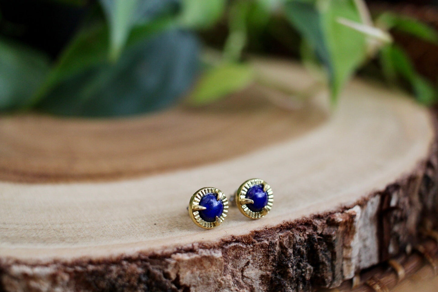 Dainty Brass Lapis Lazuli Earrings, Blue Gemstone Studs, Minimalist Jewelry