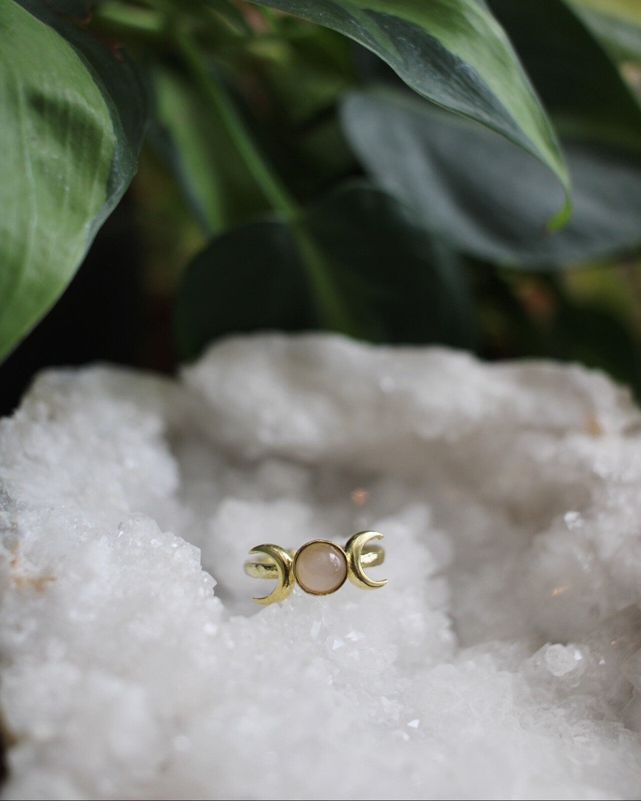 Gold ring with a pink stone on a textured white surface with green leaves in the background