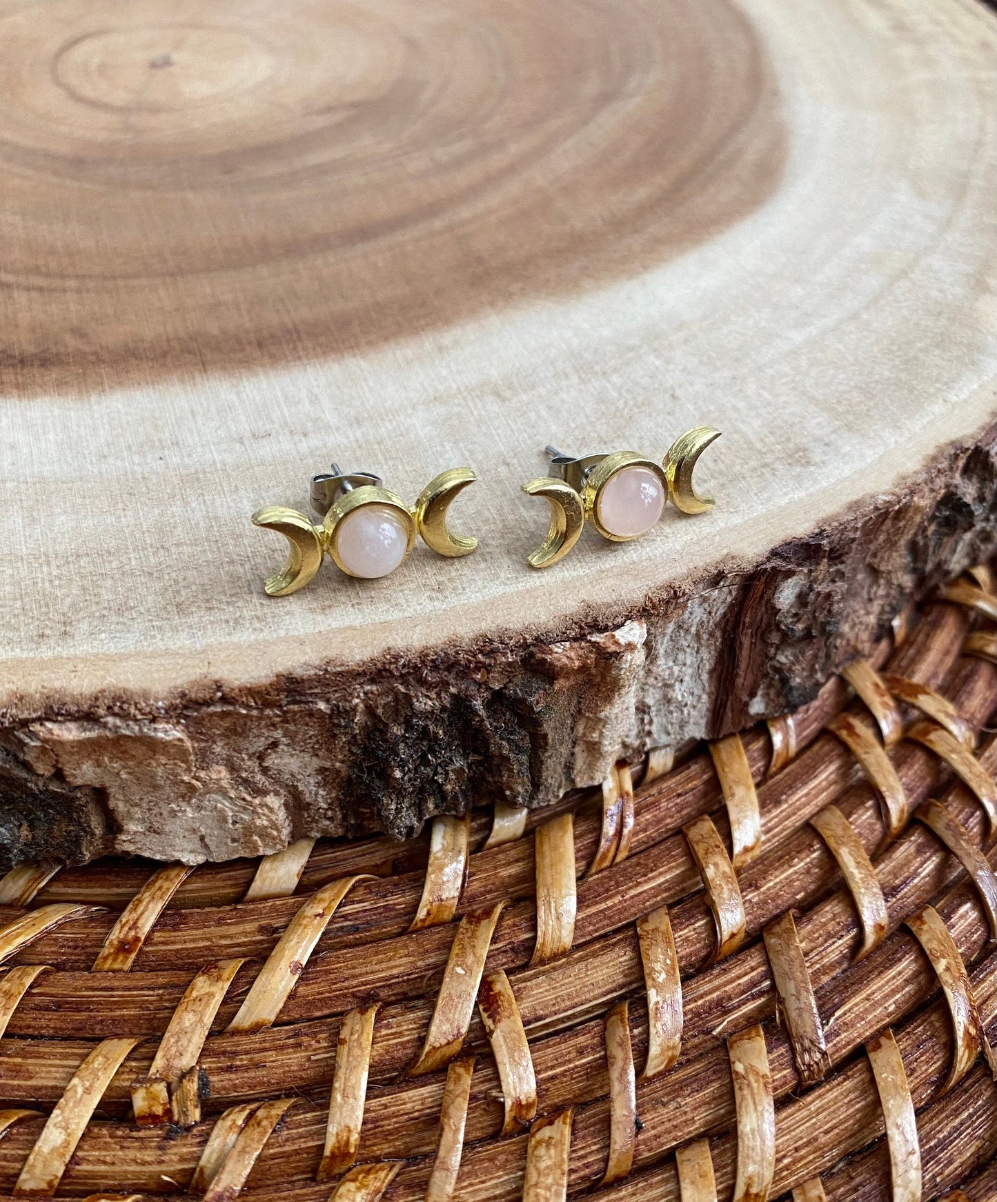 Rose Quartz Triple Moon Stud Earrings