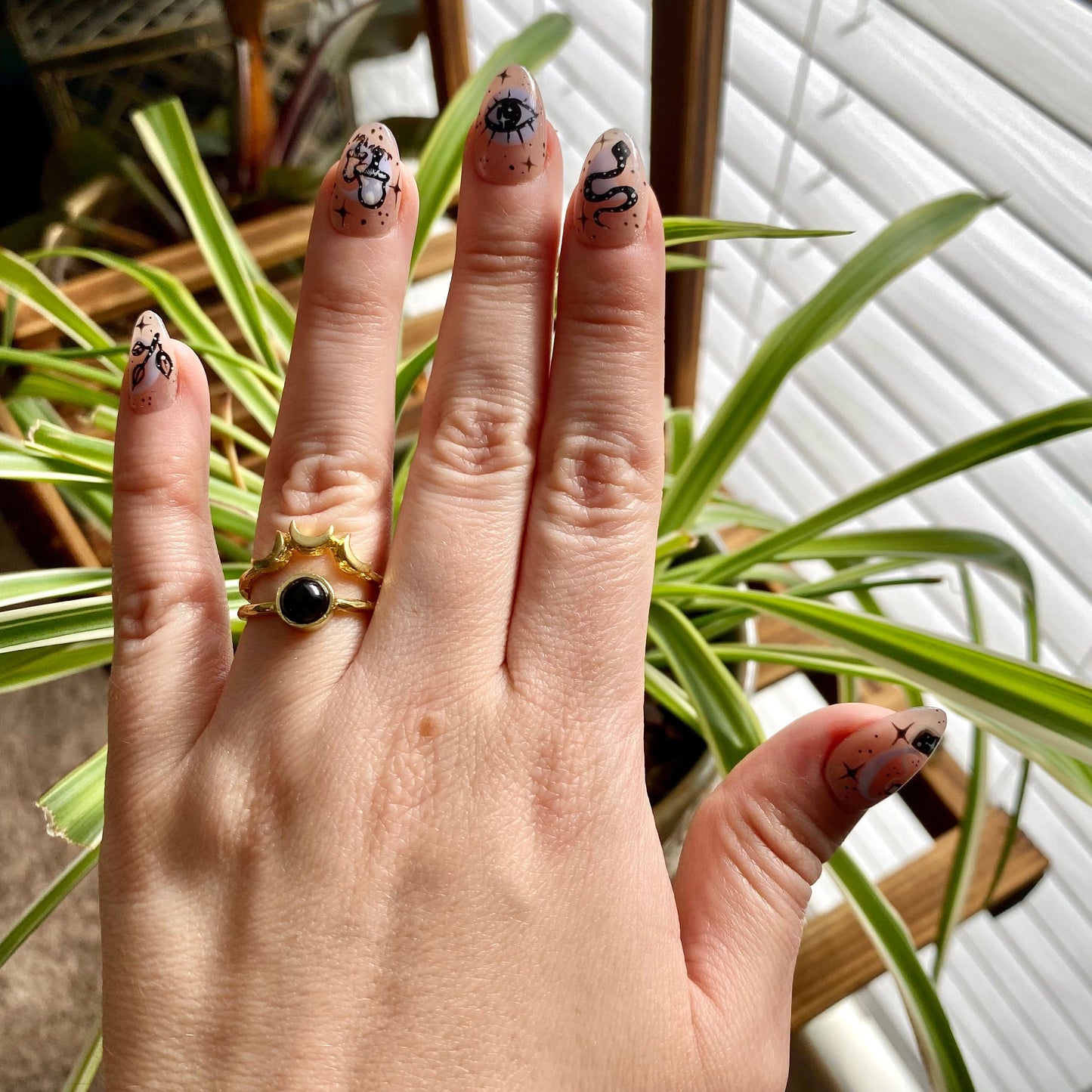 Black Onyx Brass Moon Ring