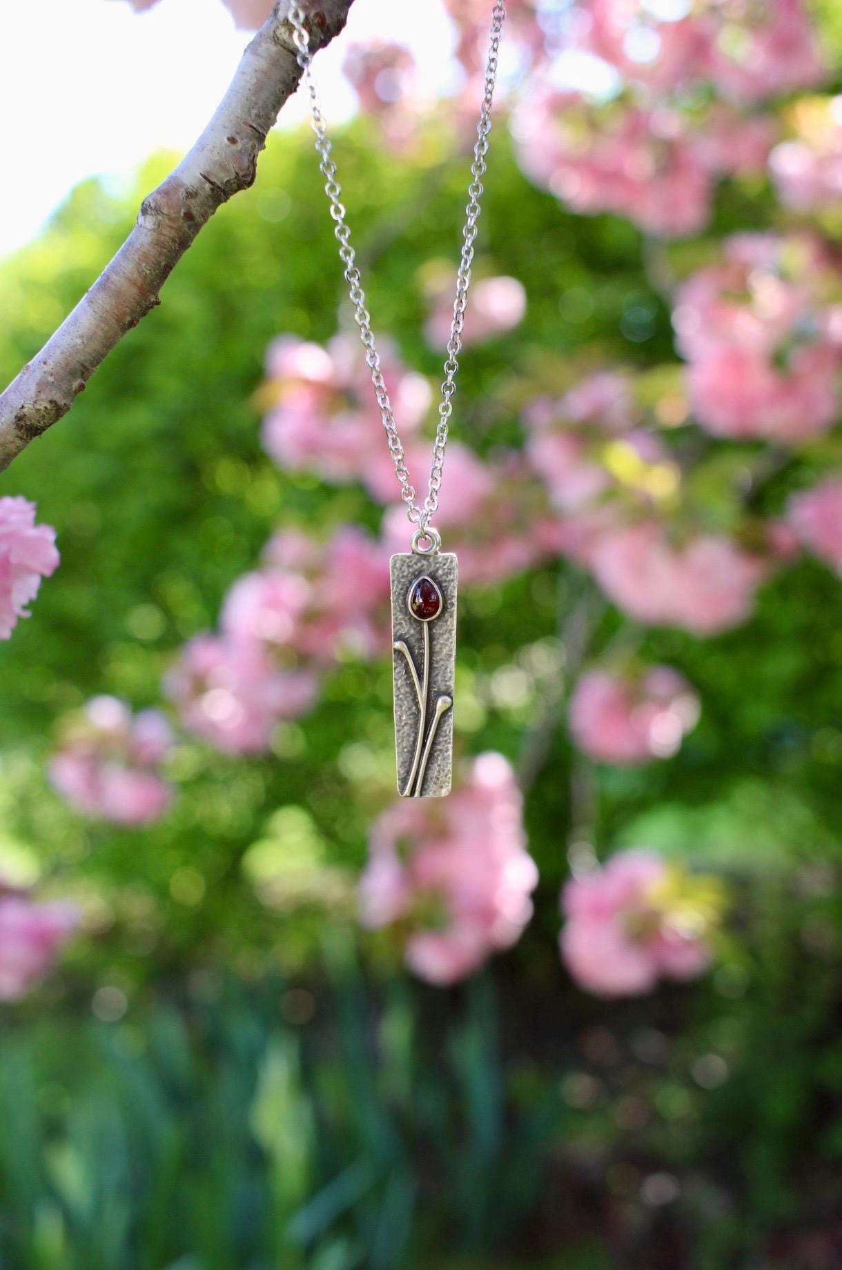 Silver Flower Garnet Necklace