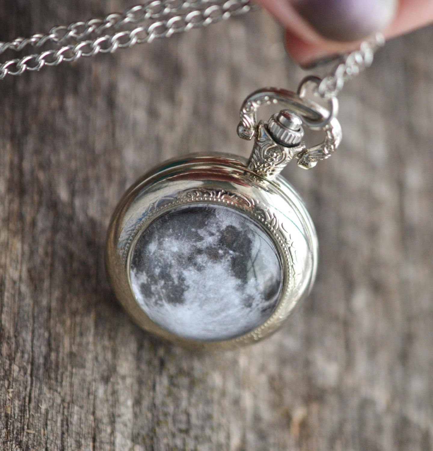 Full Moon Silver Pocket Watch Necklace