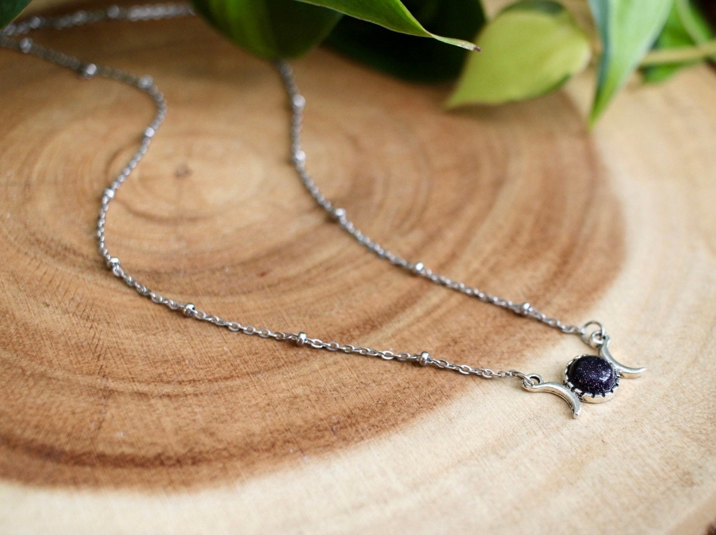 Dainty Triple Moon Blue Goldstone Necklace