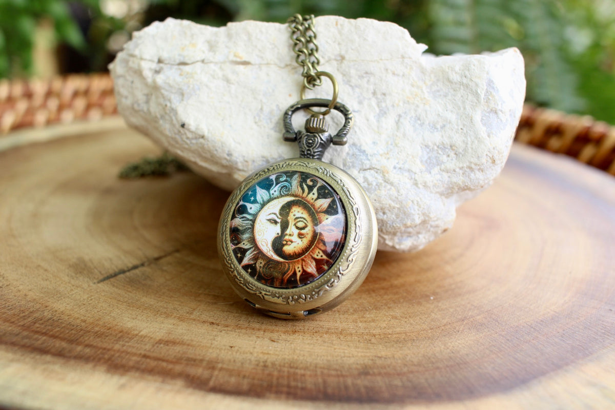 Sun and Moon Phase Pocket Watch Necklace