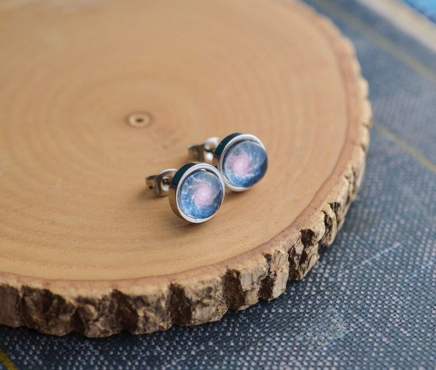 Dainty Blue Spiral Galaxy Stud Earrings
