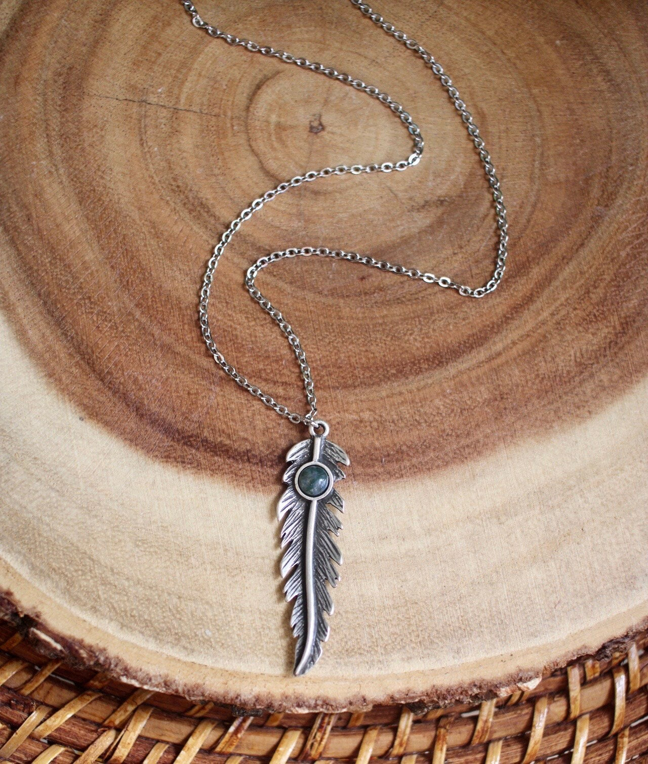 Moss Agate Feather Necklace