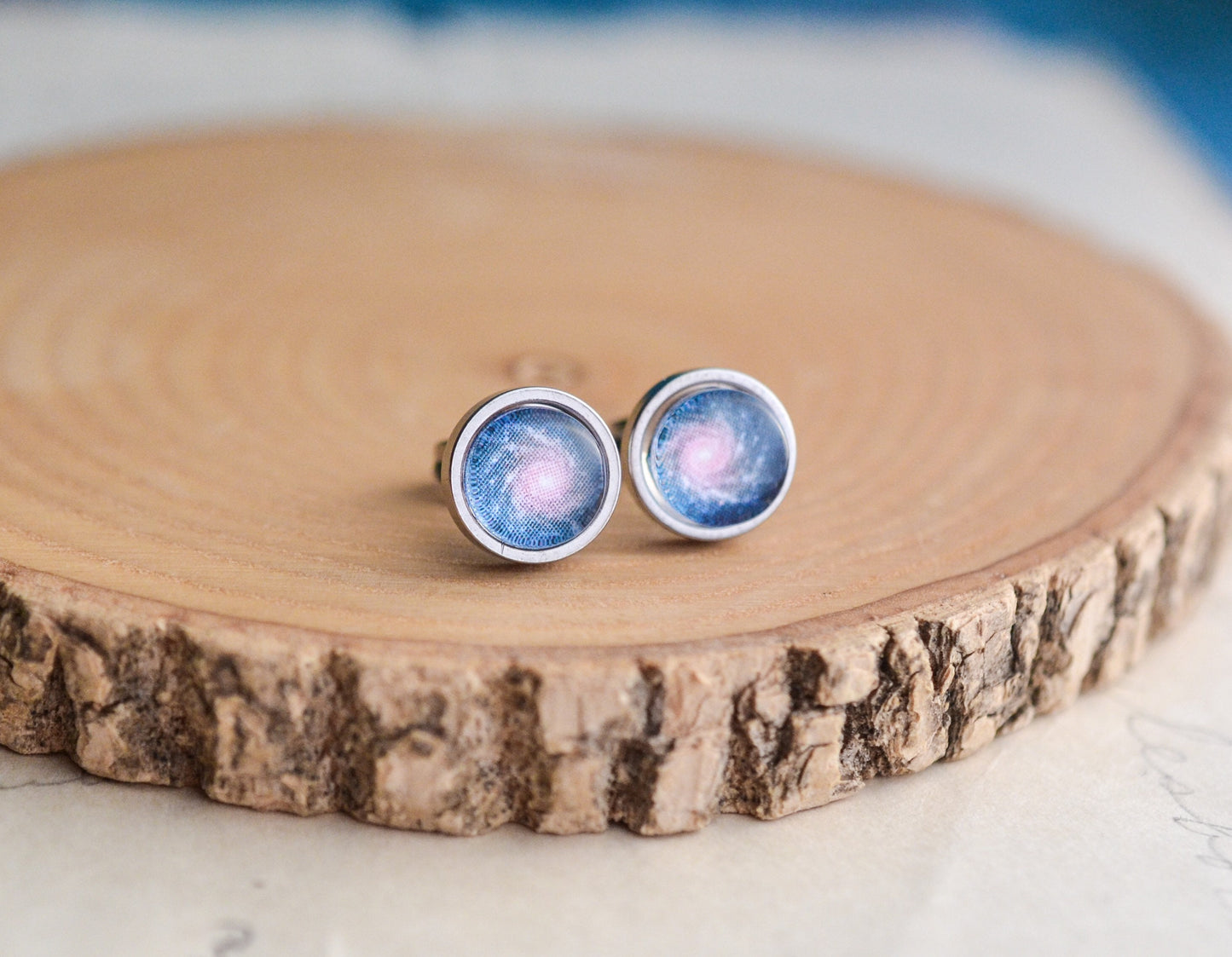Dainty Blue Spiral Galaxy Stud Earrings