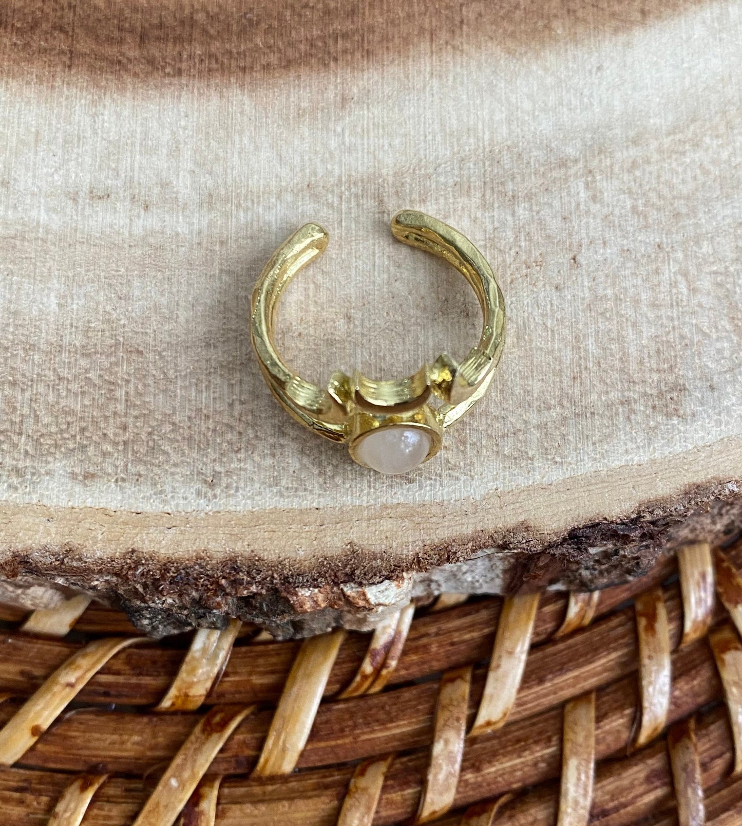 Rose Quartz Brass Moon Ring