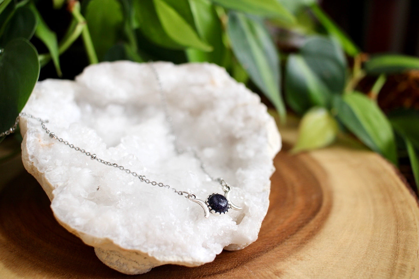 Dainty Triple Moon Blue Goldstone Necklace