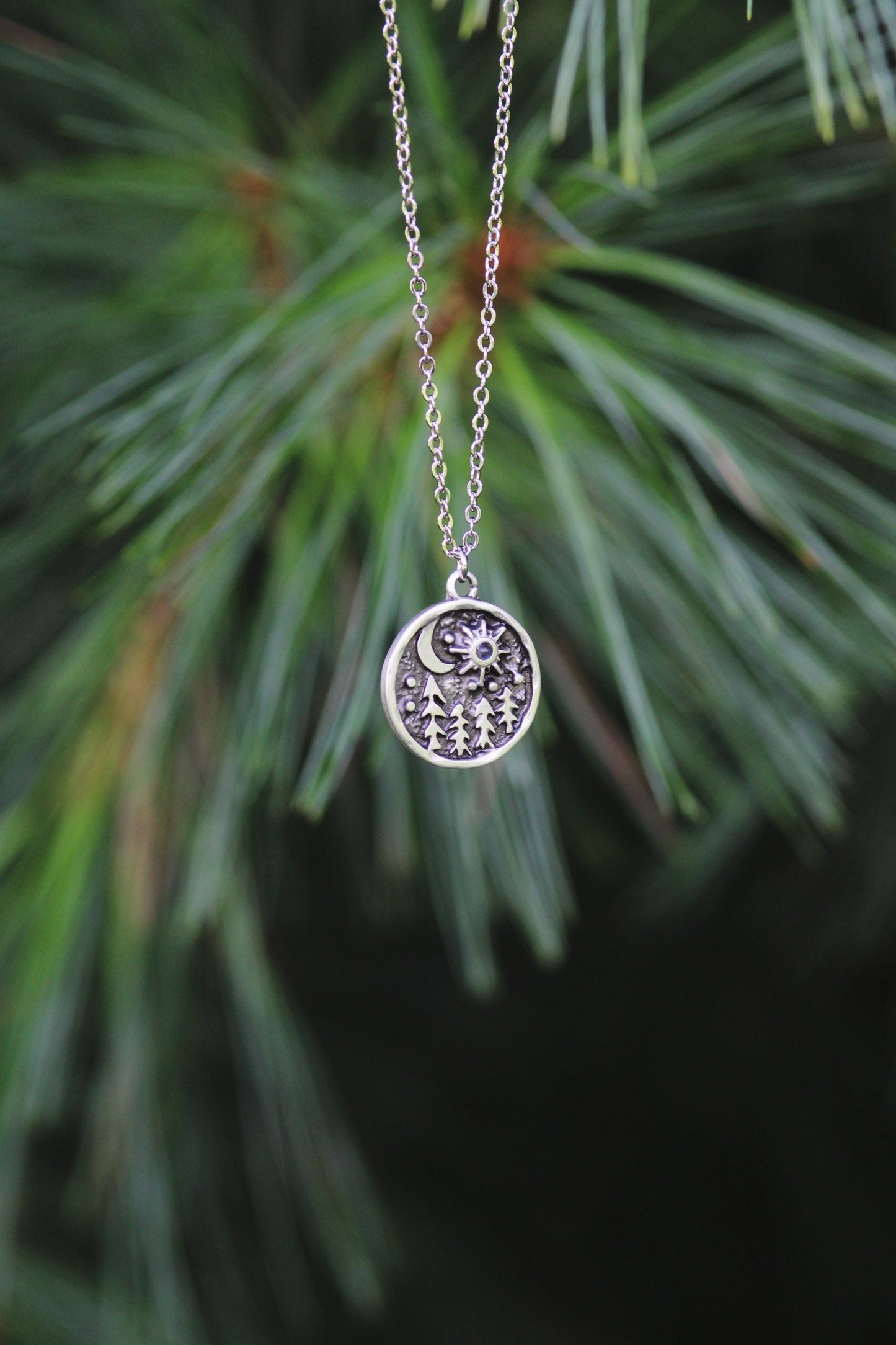 Pine Tree Sun and Moon Moonstone Necklace
